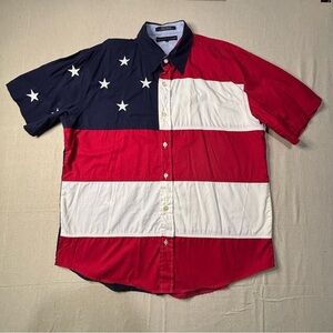 VTG 90'S TOMMY HILFIGER USA FLAG ALL OVER PRINT BUTTON DOWN SHIRT MENS SZ XL